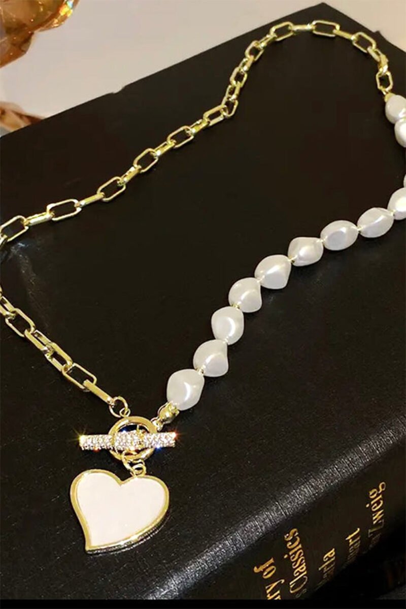 Gold Heart Shape Pendant Rhinestone Decor Pearl Chain Necklace - Image 4