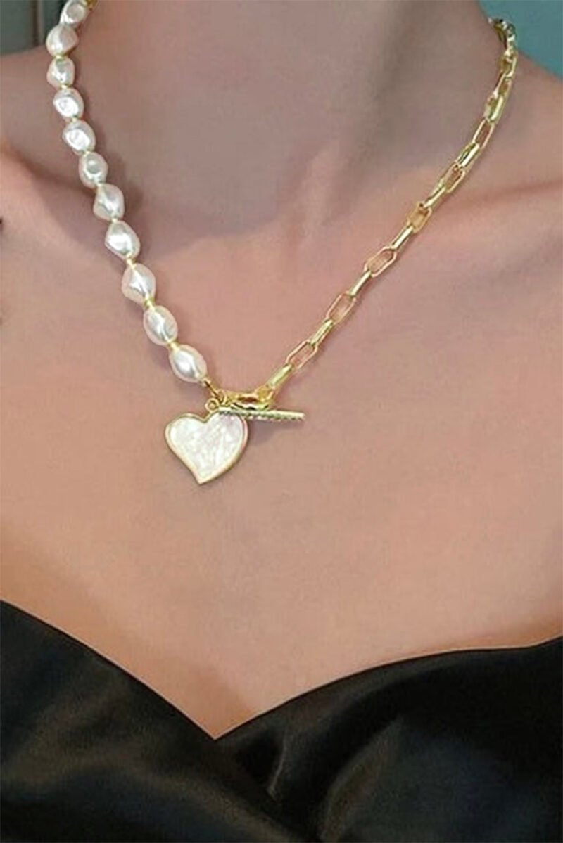 Gold Heart Shape Pendant Rhinestone Decor Pearl Chain Necklace - Image 3