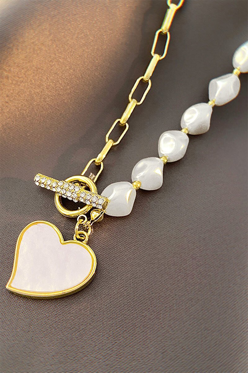 Gold Heart Shape Pendant Rhinestone Decor Pearl Chain Necklace - Image 6