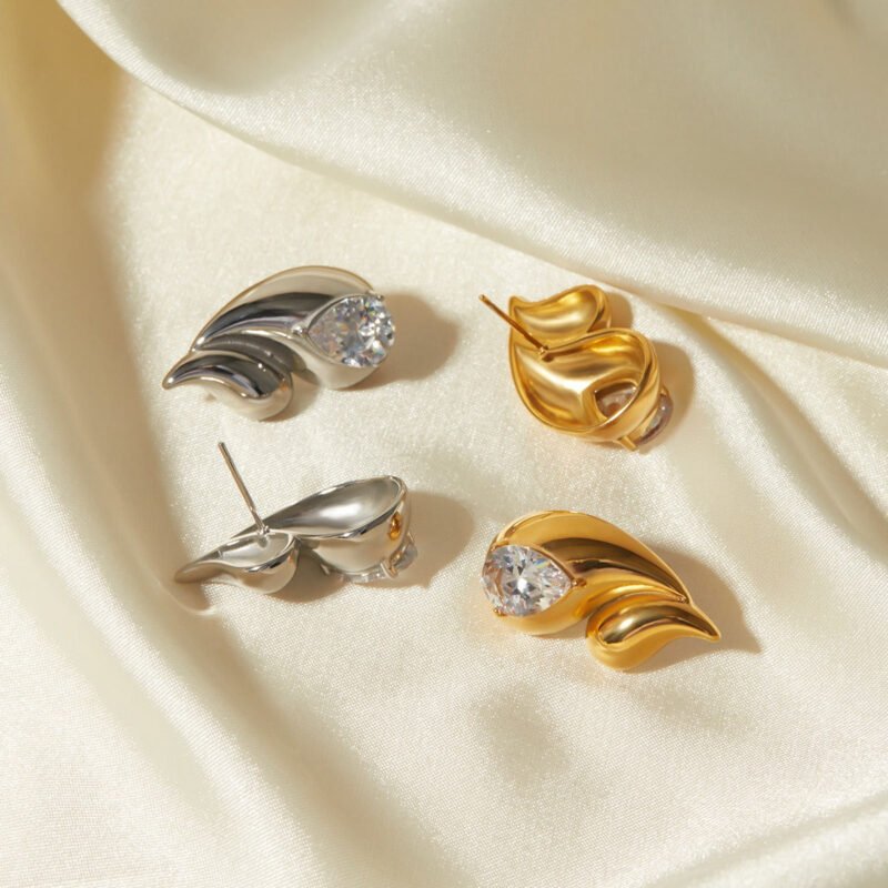 18k gold stainless steel white diamond earrings with double layered droplet - Image 7