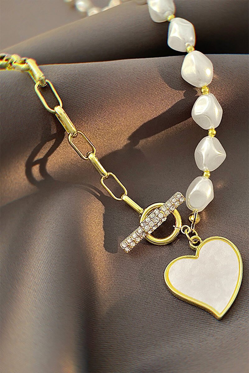 Gold Heart Shape Pendant Rhinestone Decor Pearl Chain Necklace - Image 7