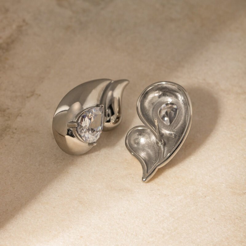 18k gold stainless steel white diamond earrings with double layered droplet - Image 4