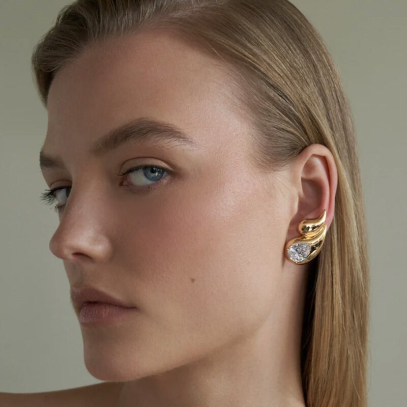 18k gold stainless steel white diamond earrings with double layered droplet - Image 5