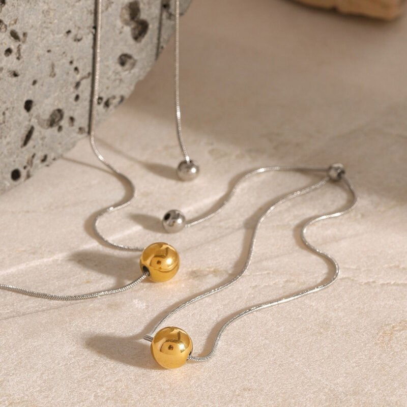 18K gold ball with gold and silver color matching design high-end necklace and bracelet set - Image 6